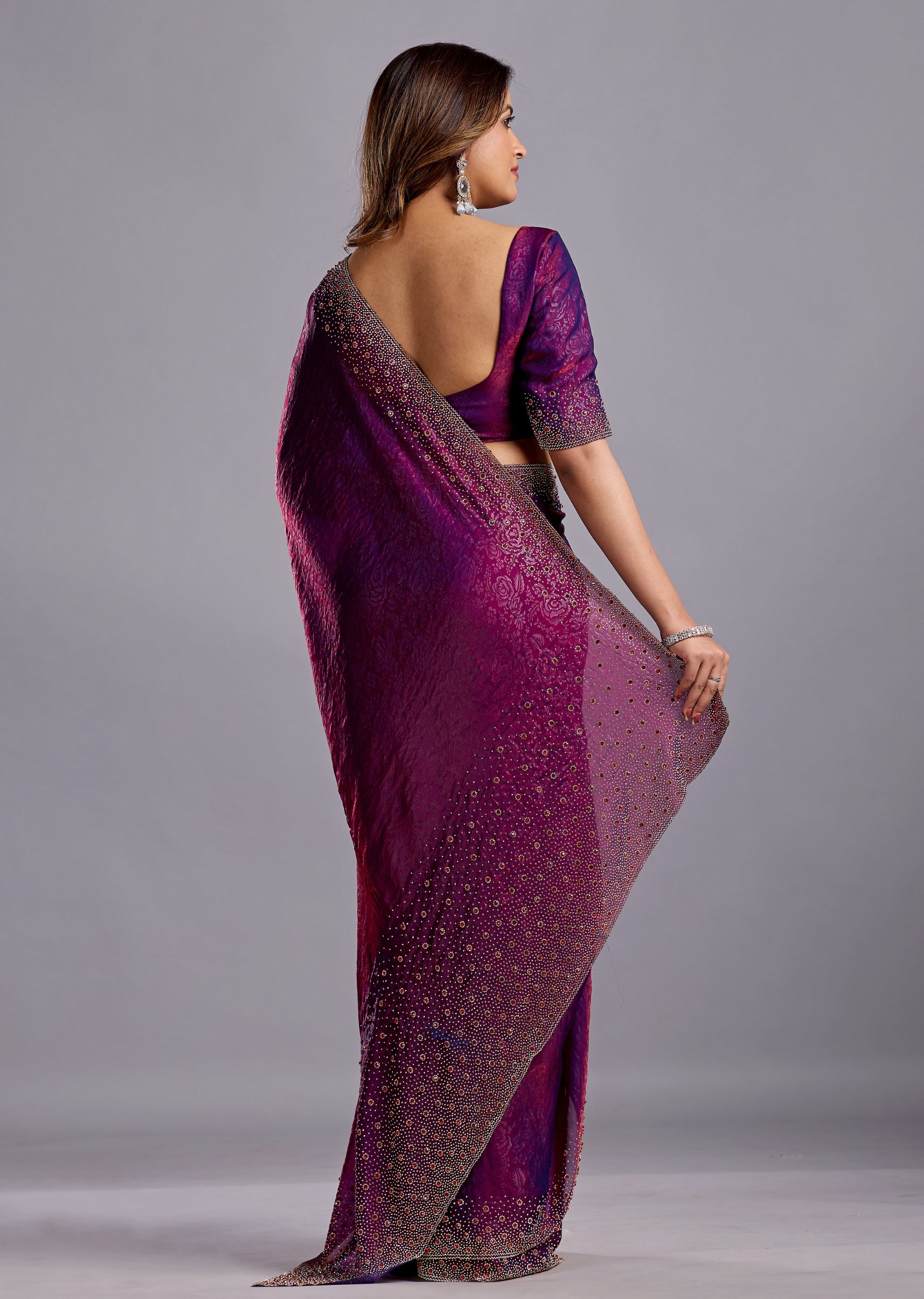 Purple Tissue Silk Saree With Crystal Stone Work