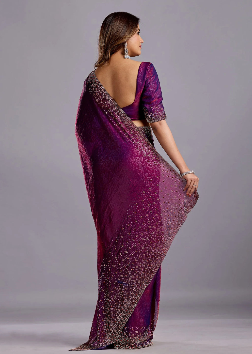  Purple Tissue Silk Saree Back Pose - Crystal Stone Work Detail