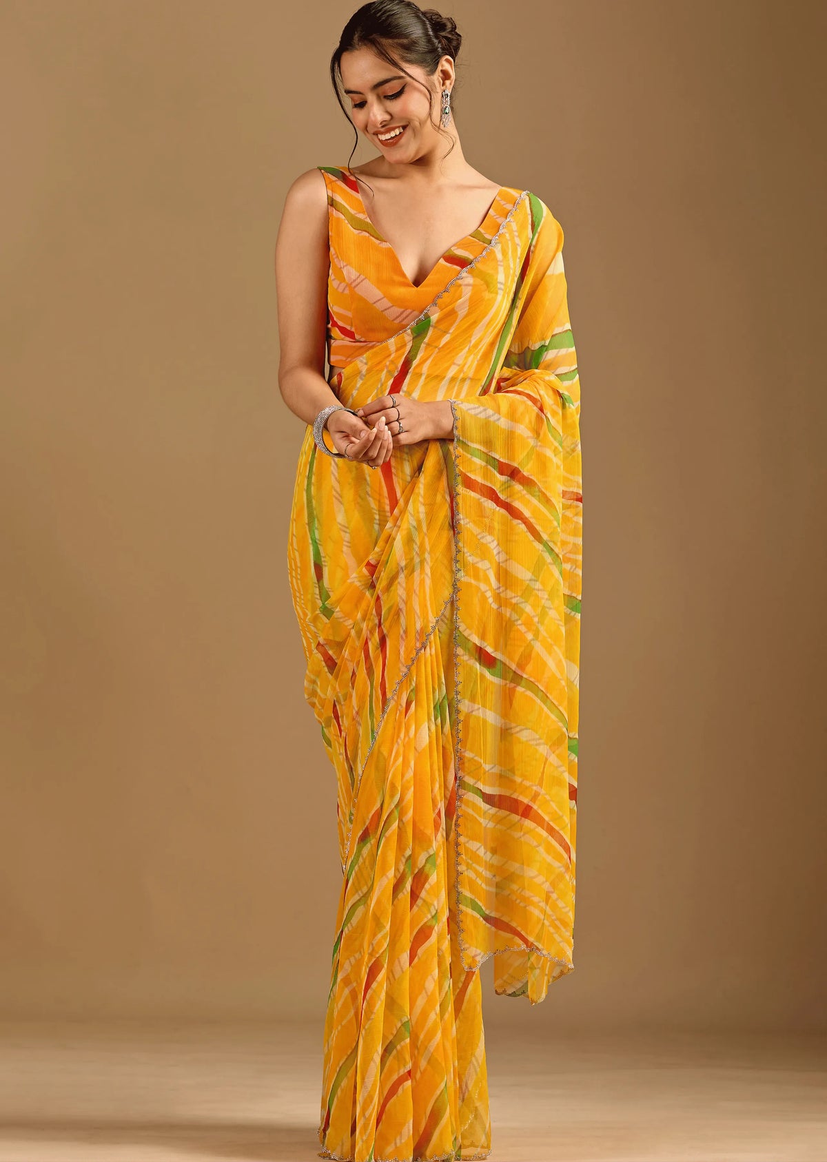 Mustard Yellow Chiffon Saree Draped Look - Leheriya Print Design