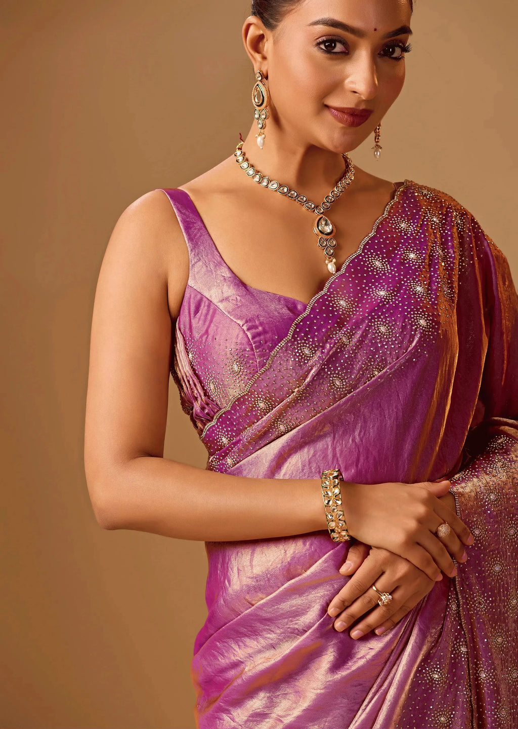 Orchid Purple Tissue Silk Saree With Stone Embroidery - Photo 4 | Buy Online Ethnic9