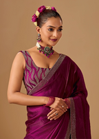 Magenta Purple Tissue Silk Saree With Crystal Stone Border