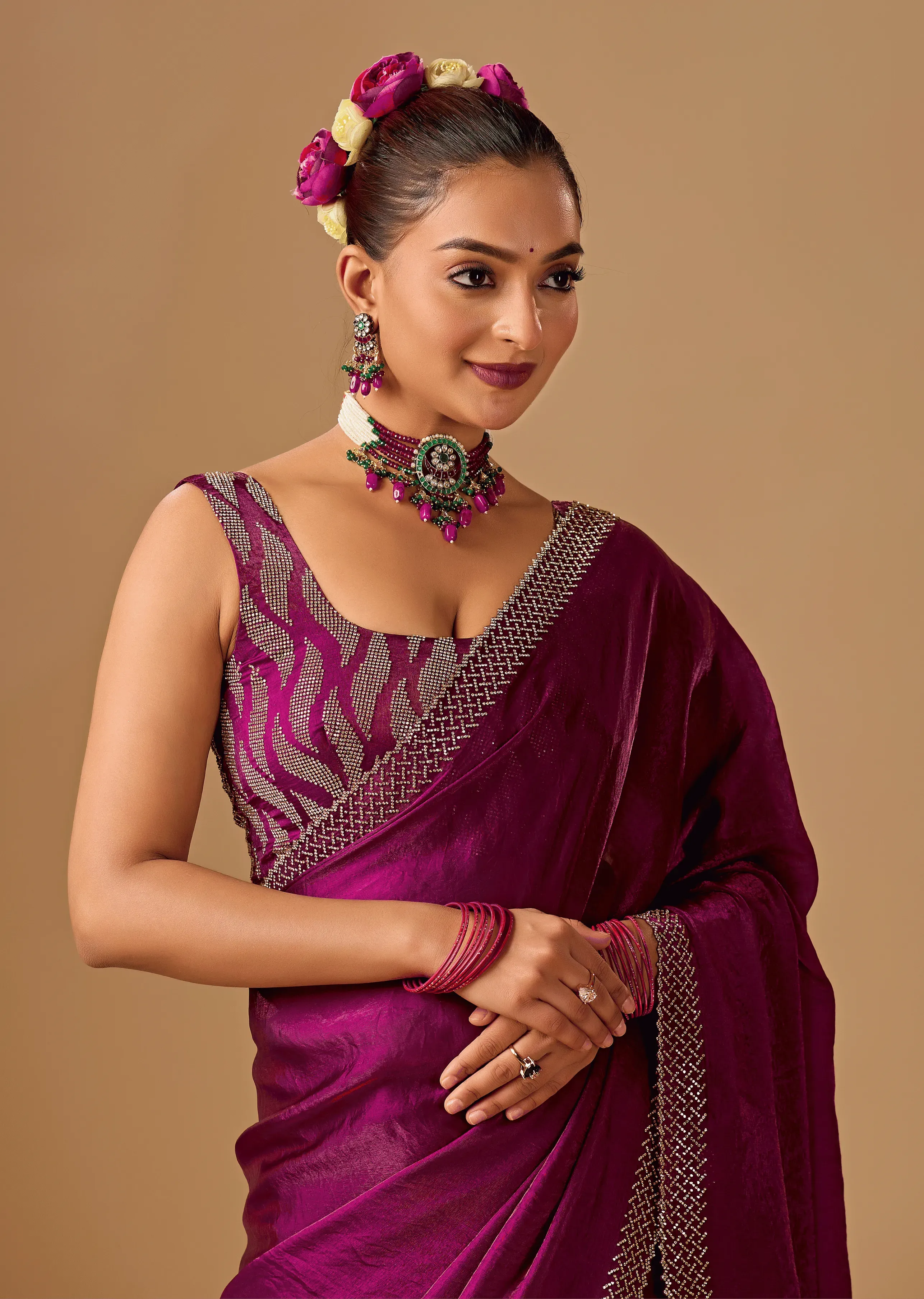 Magenta Purple Tissue Silk Saree With Crystal Stone Border