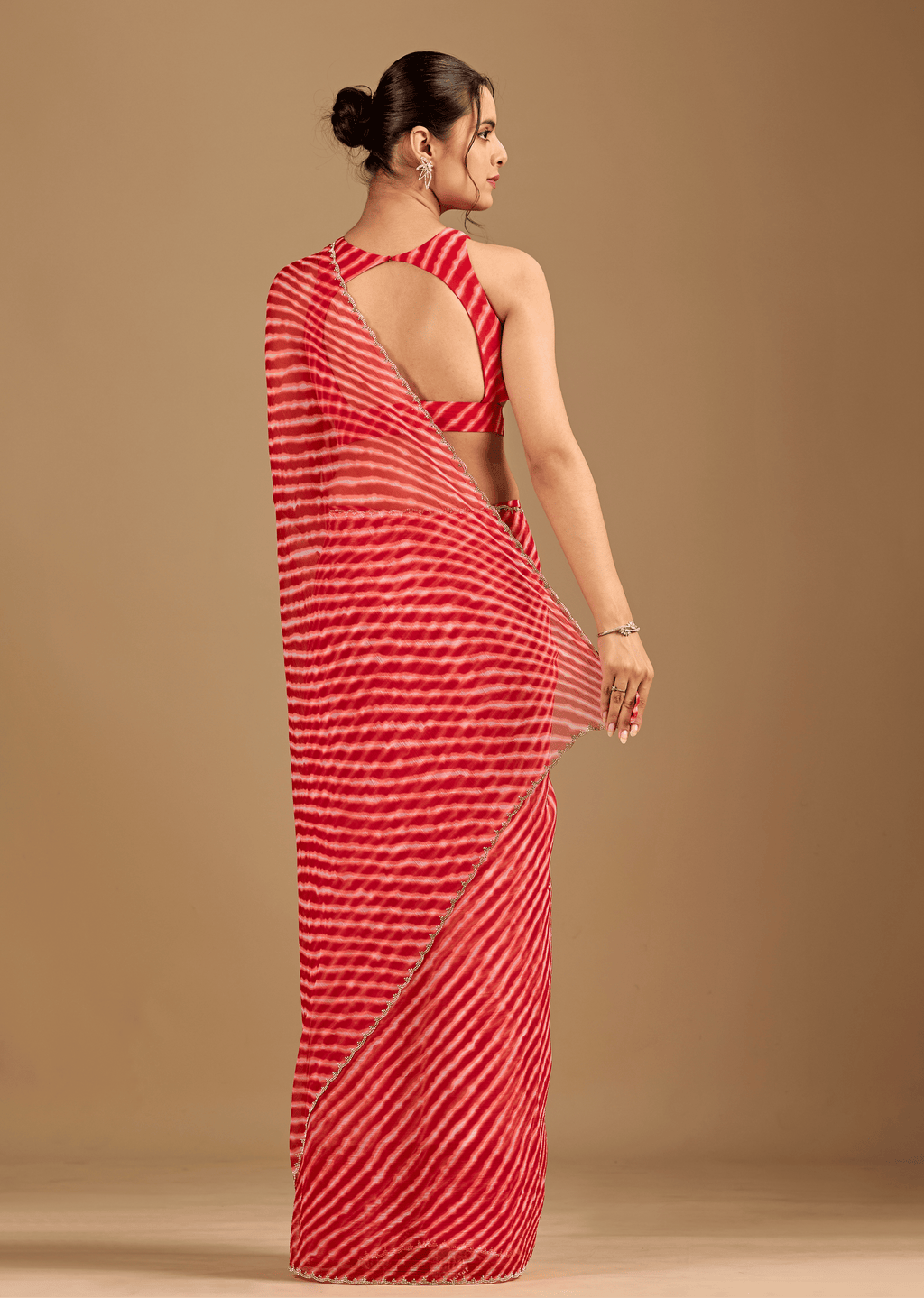 Coral Red Chiffon Saree With Stone Work