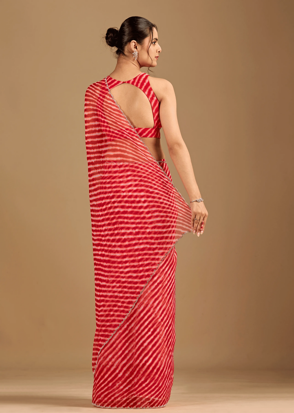 Coral Red Chiffon Saree Back Pose - Stone Work Detail