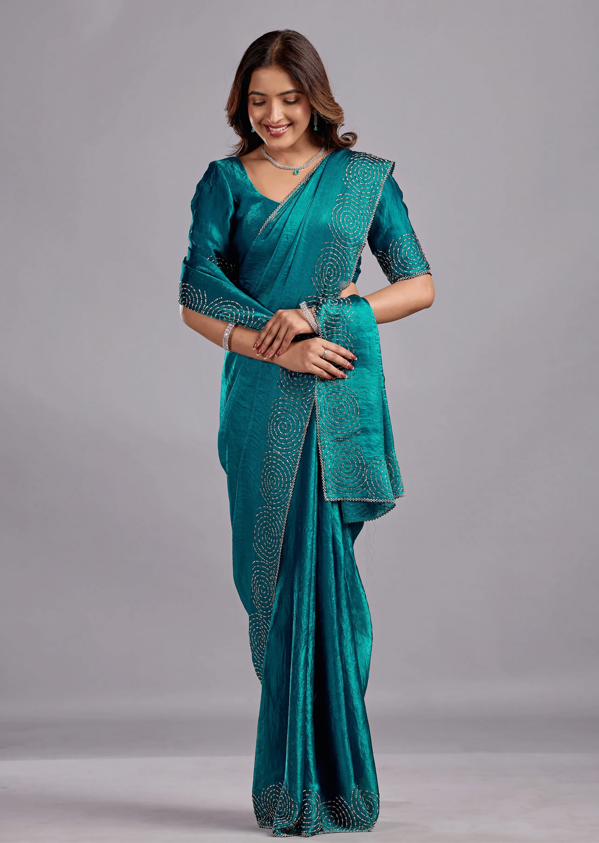 Peacock Teal Tissue Silk Saree With Crystal Spiral Work