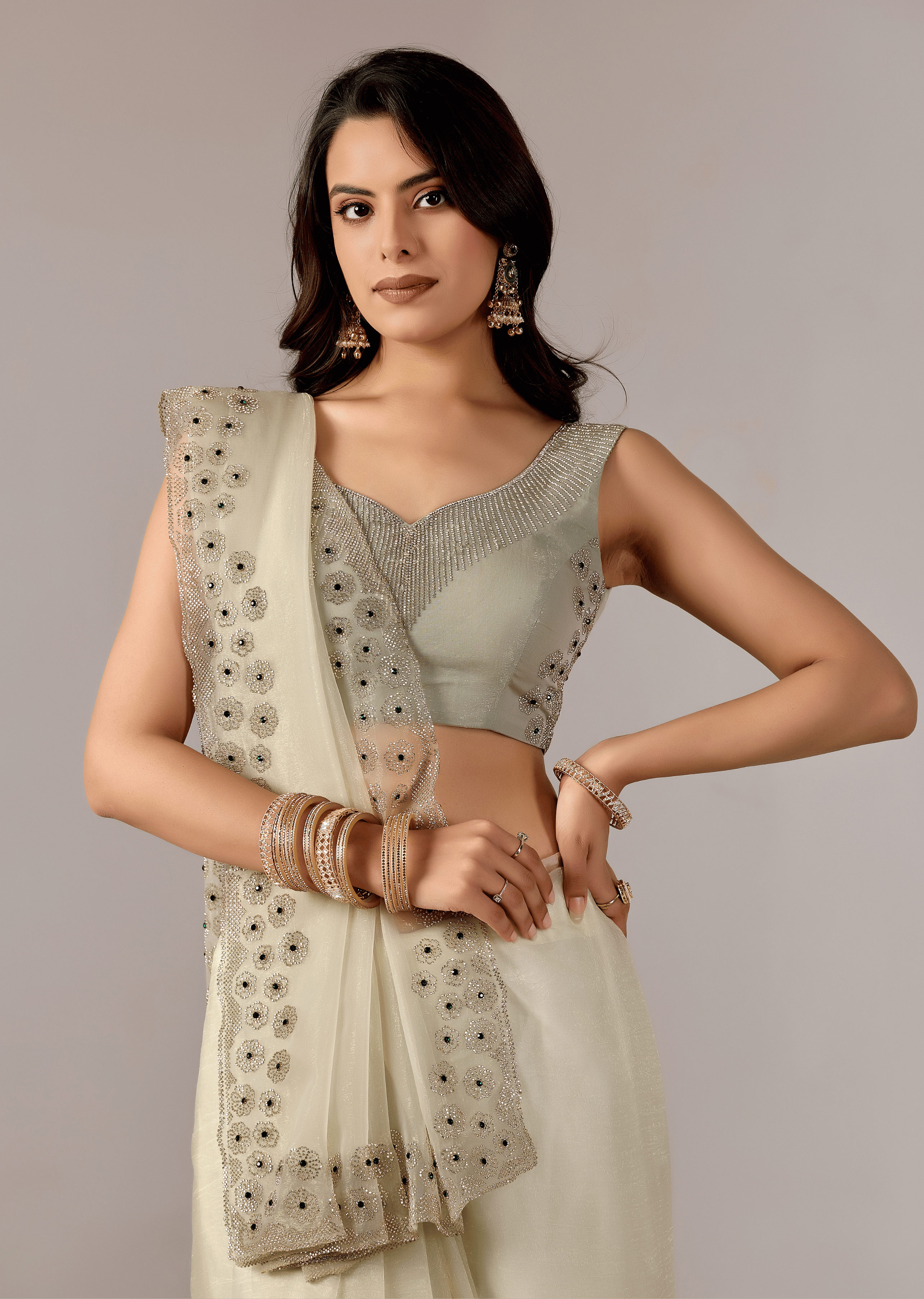 Pista Green Tissue Saree With Stone Embroidery