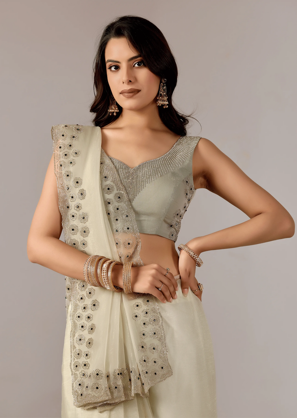  Pista Green Tissue Saree Blouse Close Up - Stone Embroidery Work