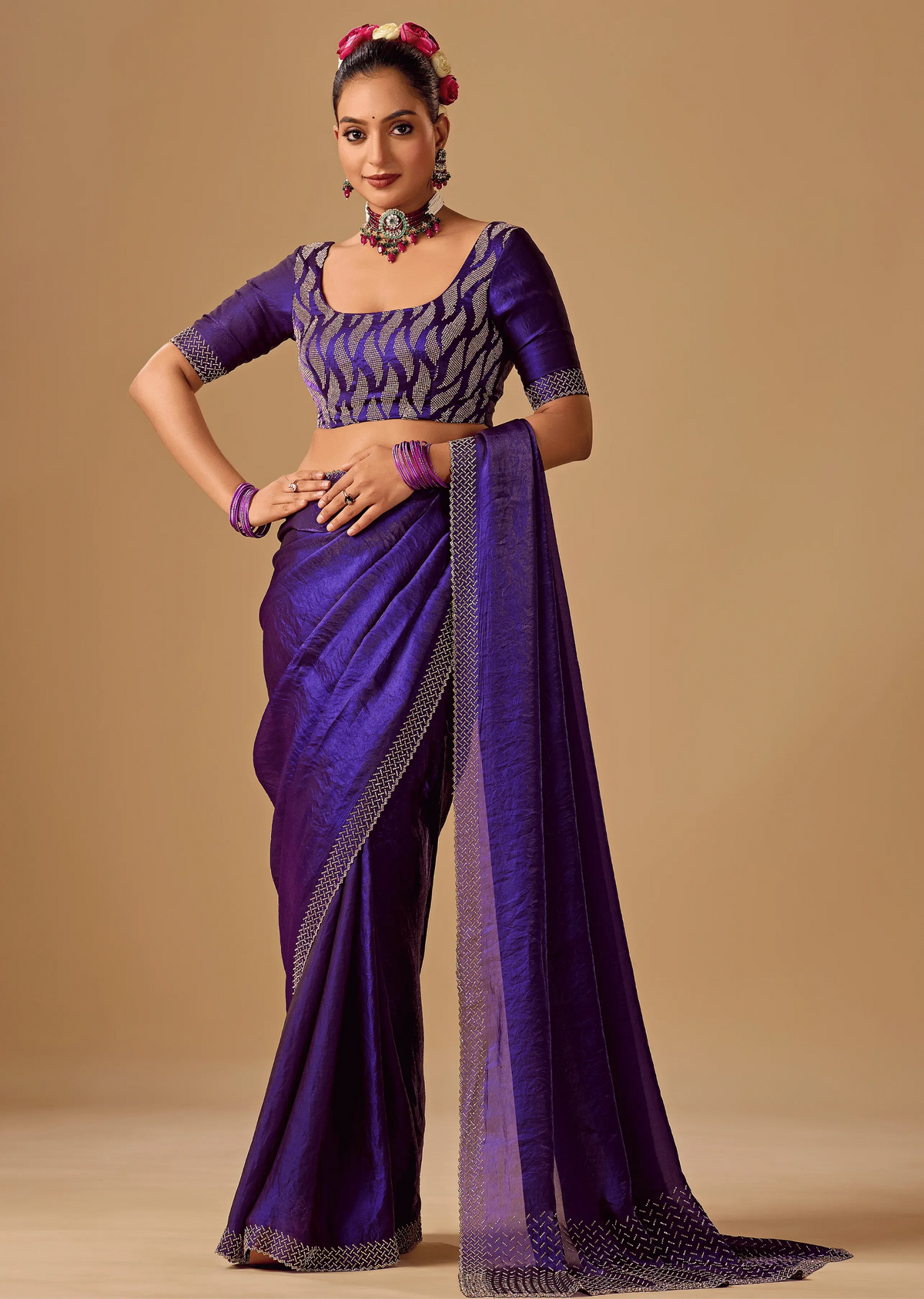 Royal Wine Tissue Silk Saree With Crystal Stone Border