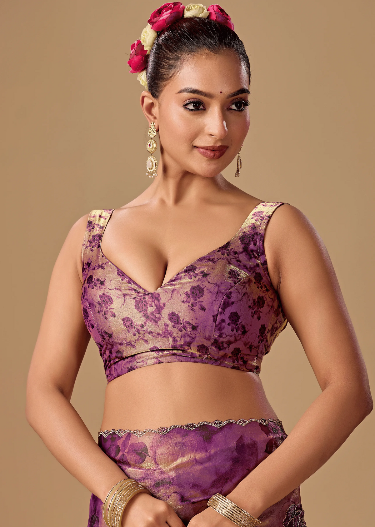 Lavender Organza Silk Saree Blouse Close Up - Floral Print Detailing