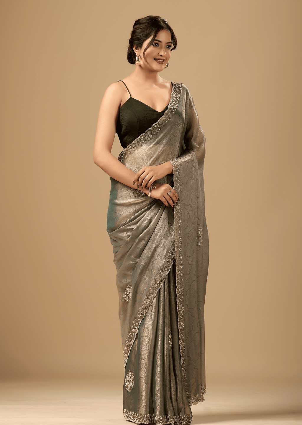 Sage Green Jacquard Saree With Crystal Stone Border