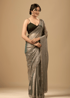 Sage Green Jacquard Saree With Crystal Stone Border