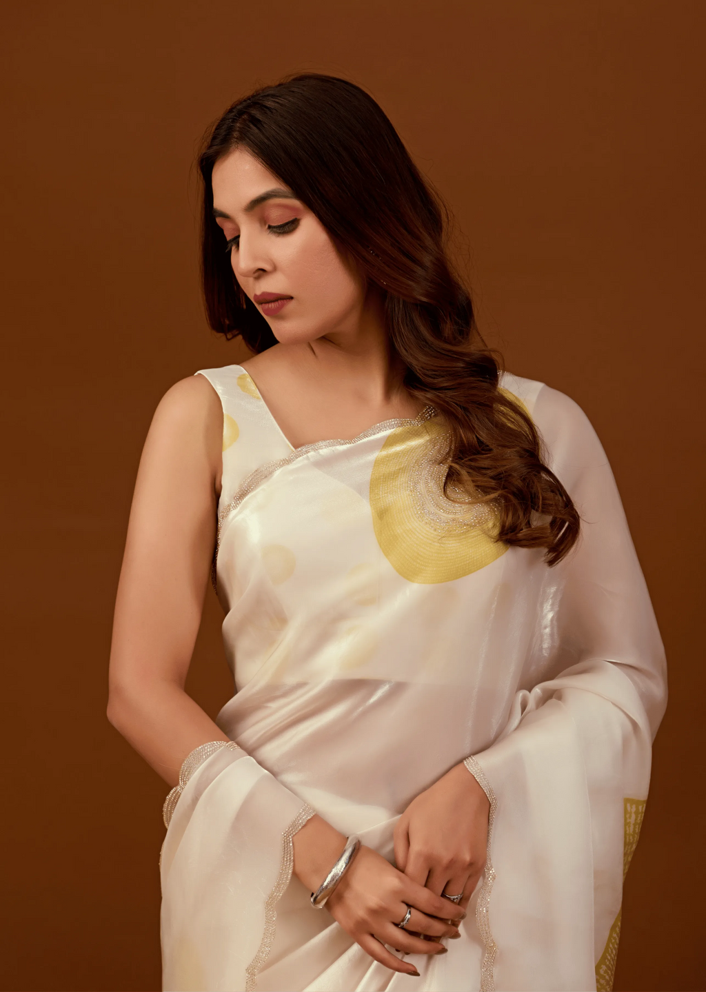 Ivory Organza Silk Saree Standing Look - Party Wear Saree