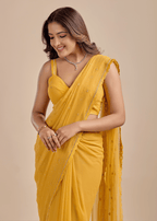 Mustard Yellow Chiffon Saree With Floral Embroidery