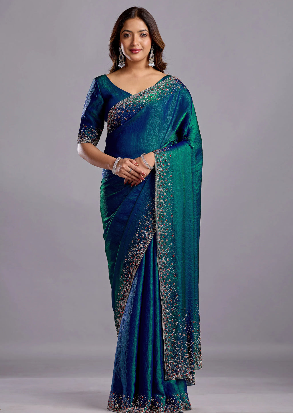 Green Tissue Silk Saree Blouse Close Up - Crystal Stone Detailing
