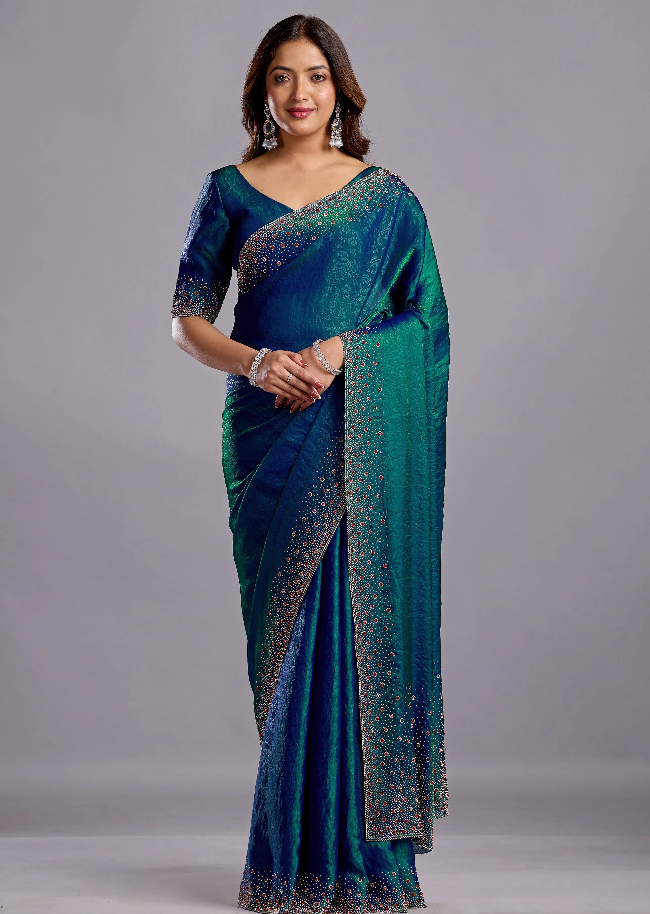 Green Tissue Silk Saree Blouse Close Up - Crystal Stone Detailing
