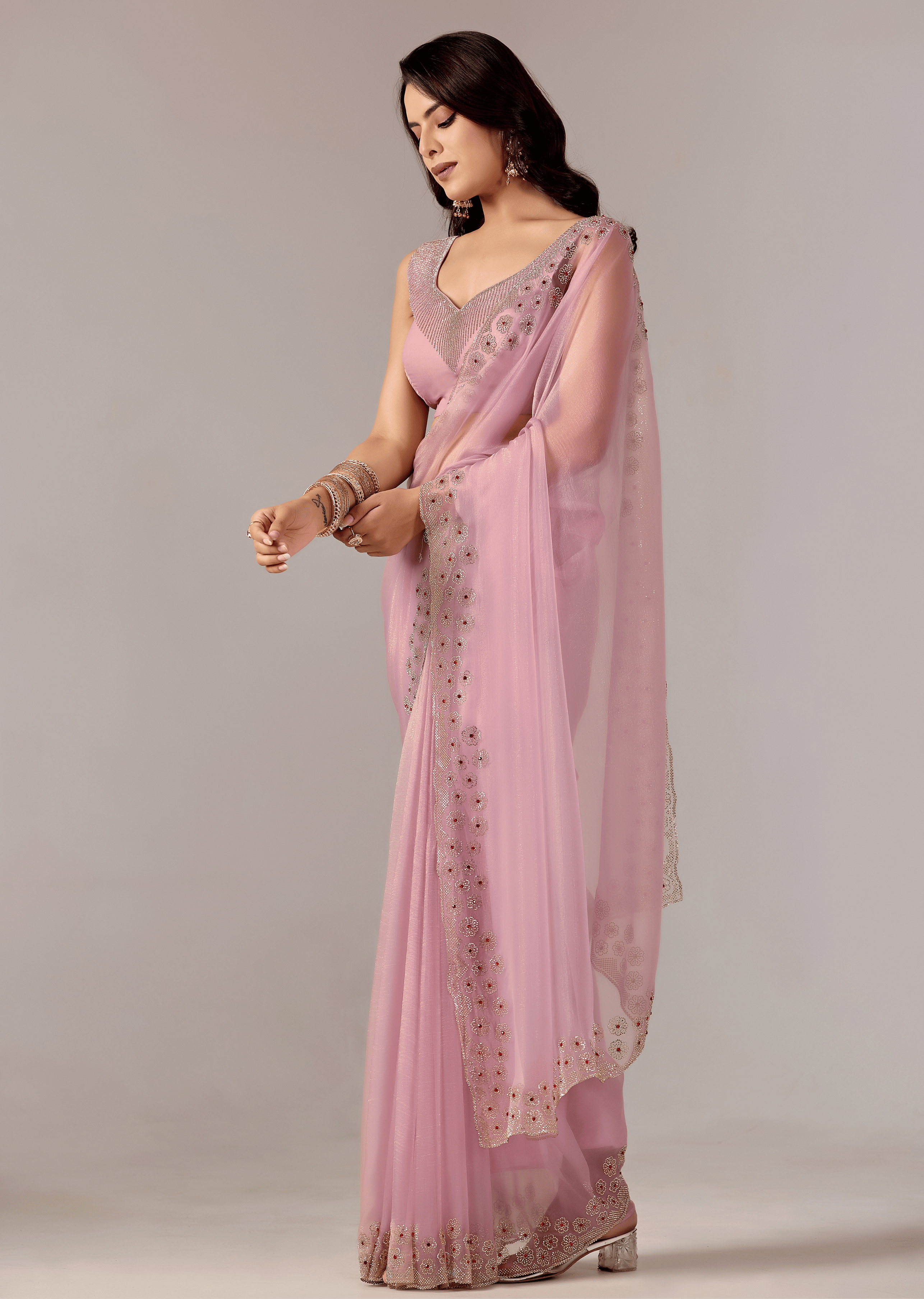 Lavender Purple Tissue Saree With Stone Embroidery