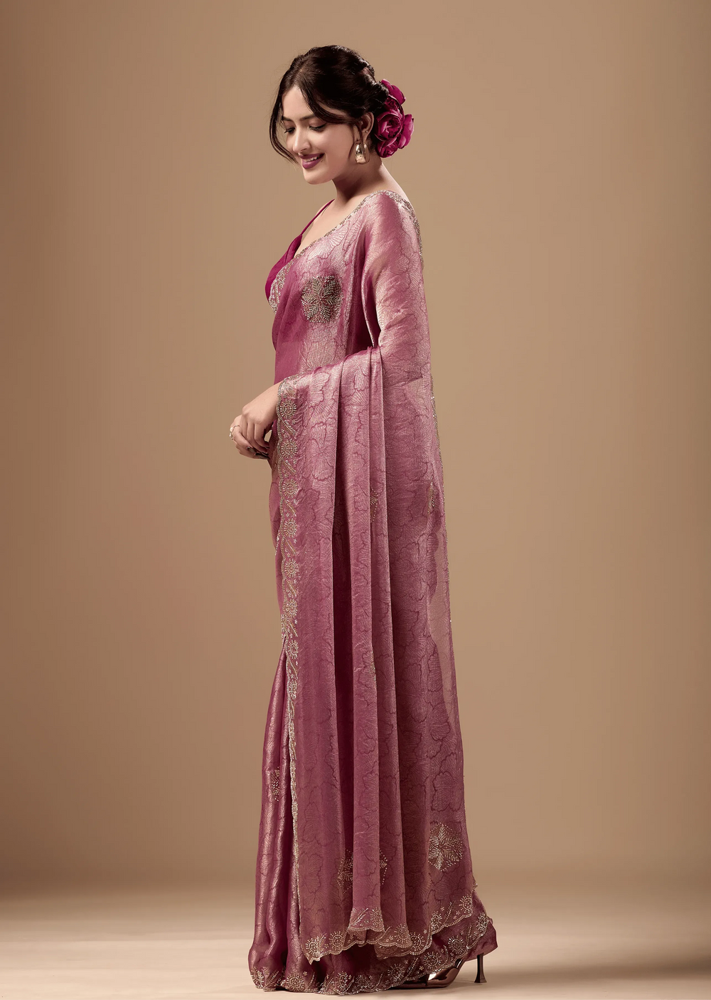 Rose Pink Jacquard Saree With Handcrafted Stone Border - Photo 4 | Buy Online Ethnic9