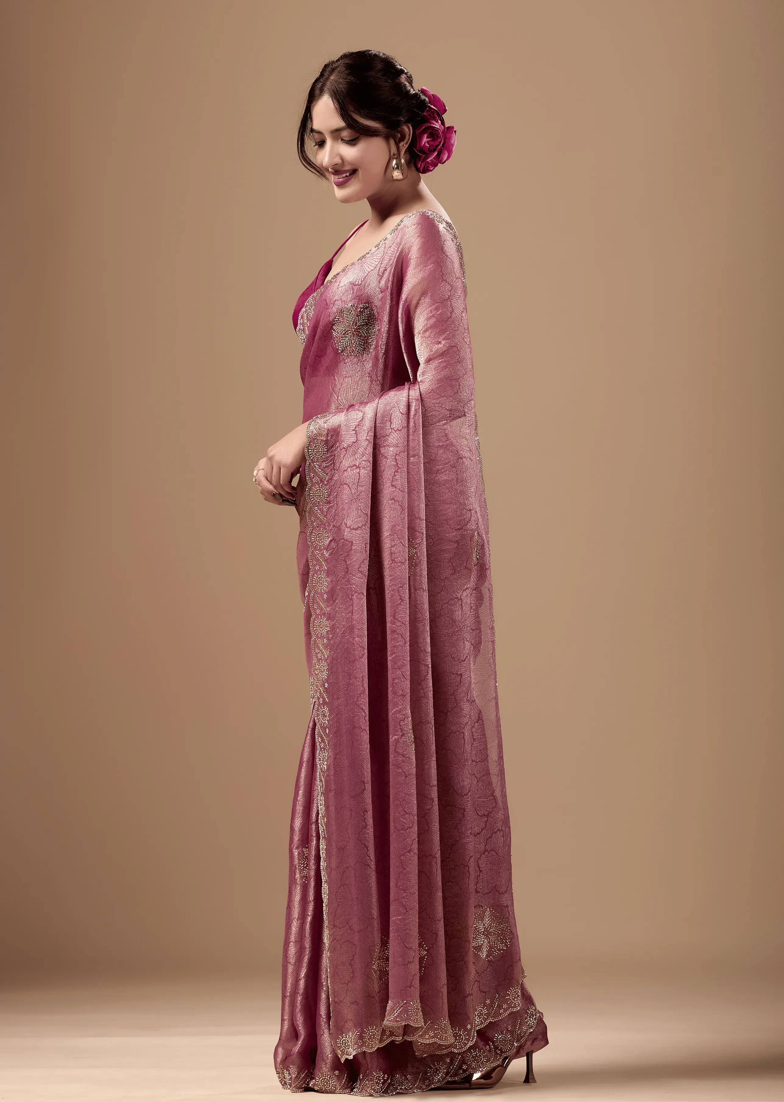Rose Pink Jacquard Saree With Handcrafted Stone Border