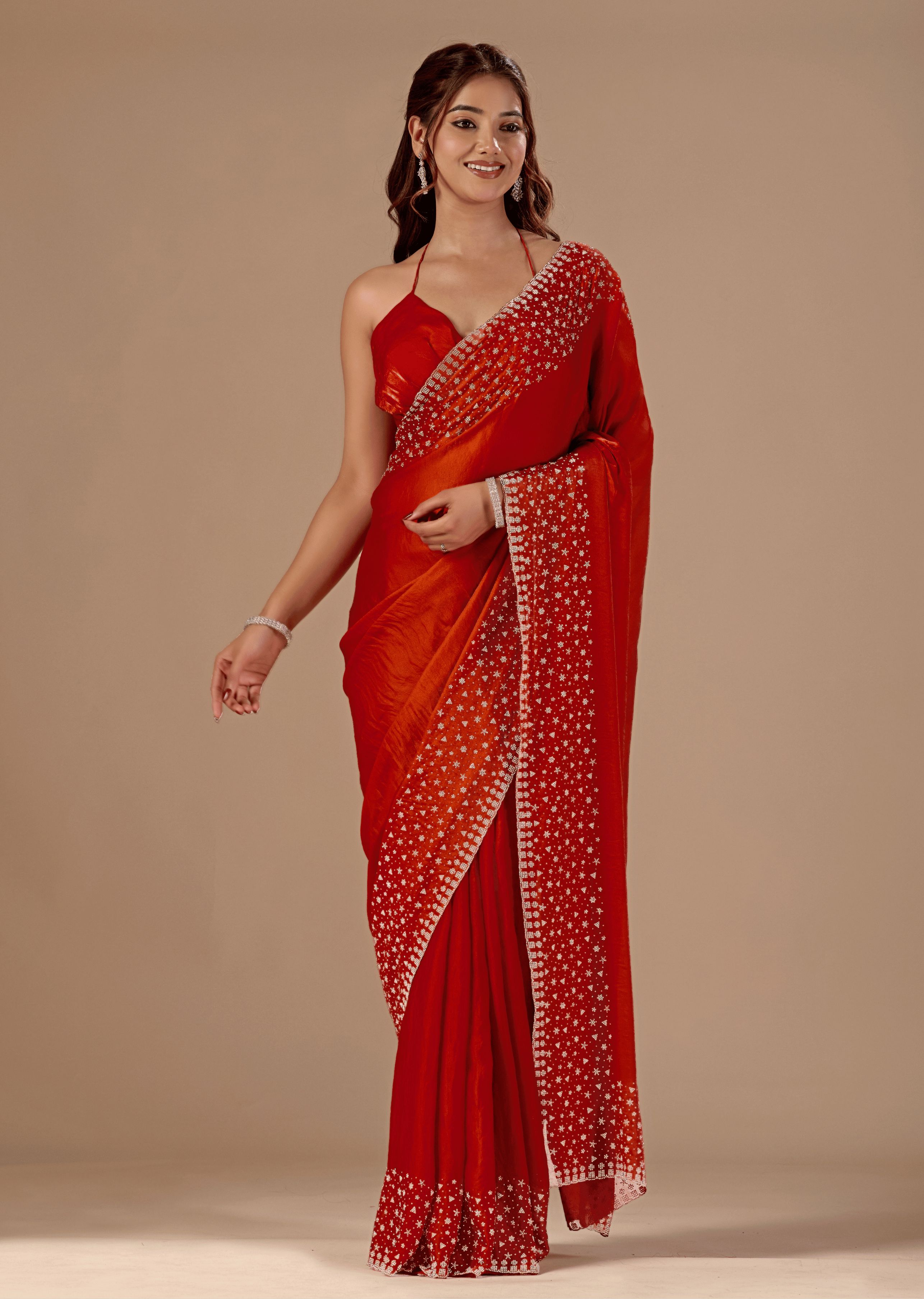 Burnt Orange Tissue Silk Saree With Stone Work