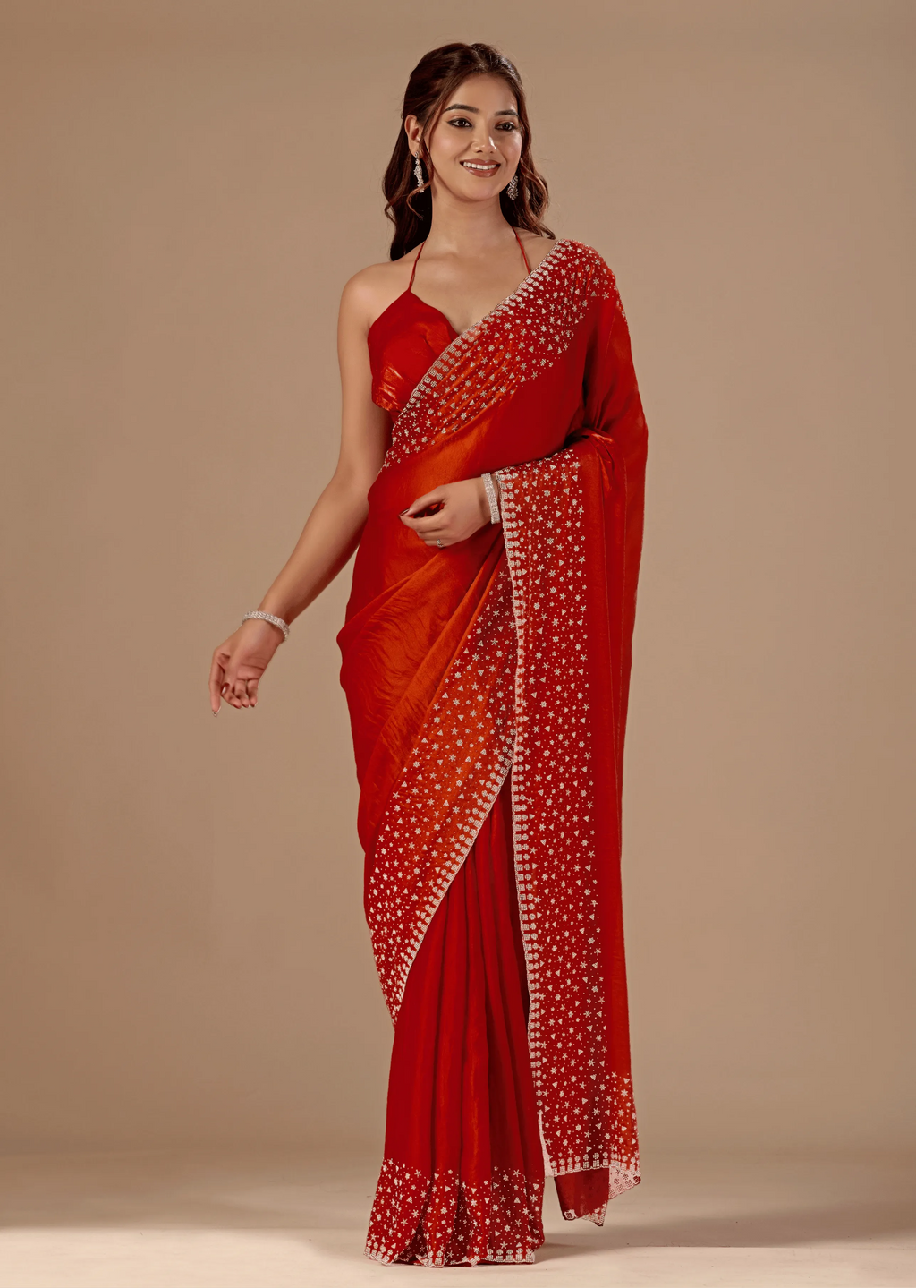 Burnt Orange Tissue Silk Saree Blouse Close Up - Stone Work Detailing