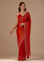 Burnt Orange Tissue Silk Saree Blouse Close Up - Stone Work Detailing