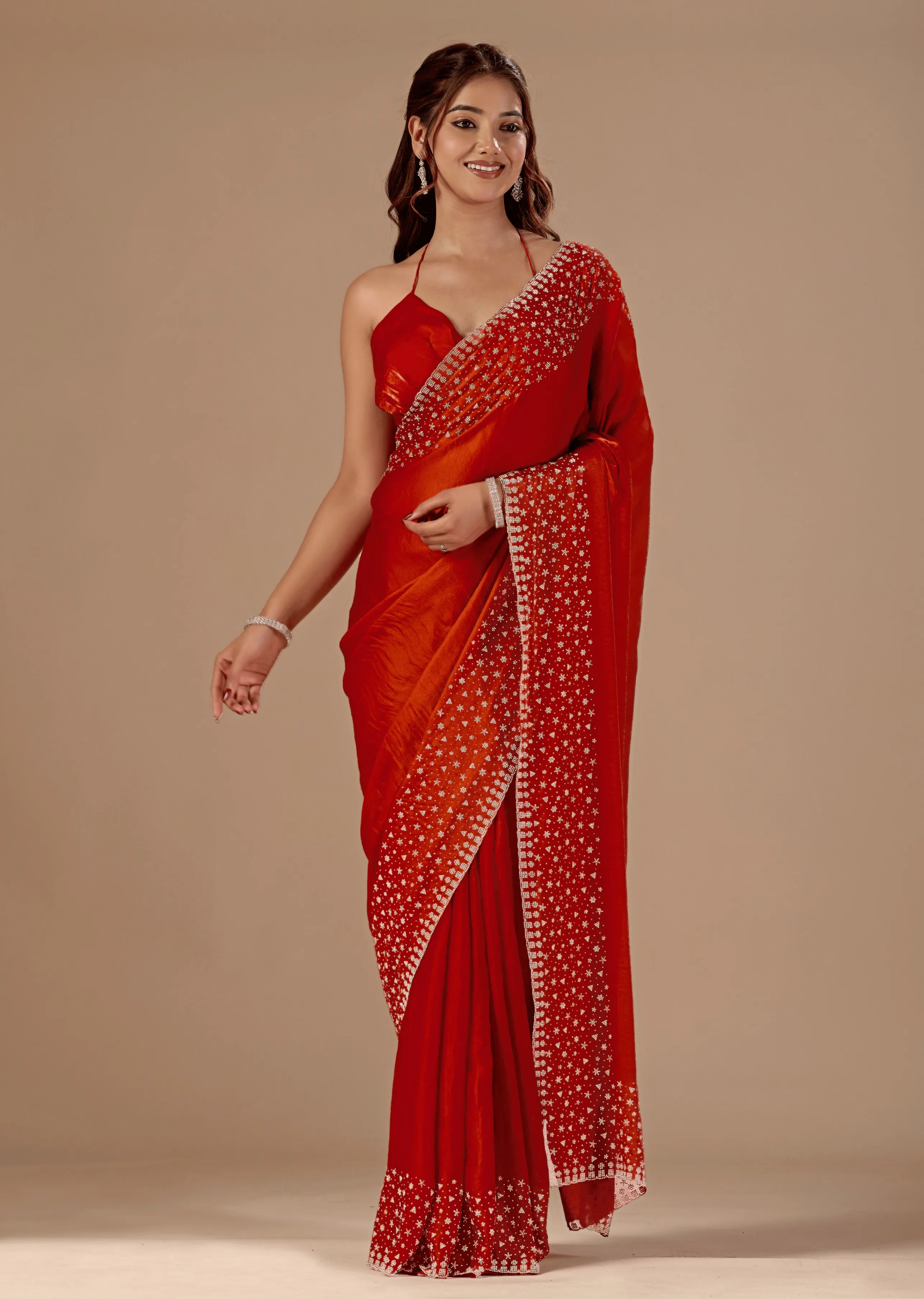 Burnt Orange Tissue Silk Saree Blouse Close Up - Stone Work Detailing