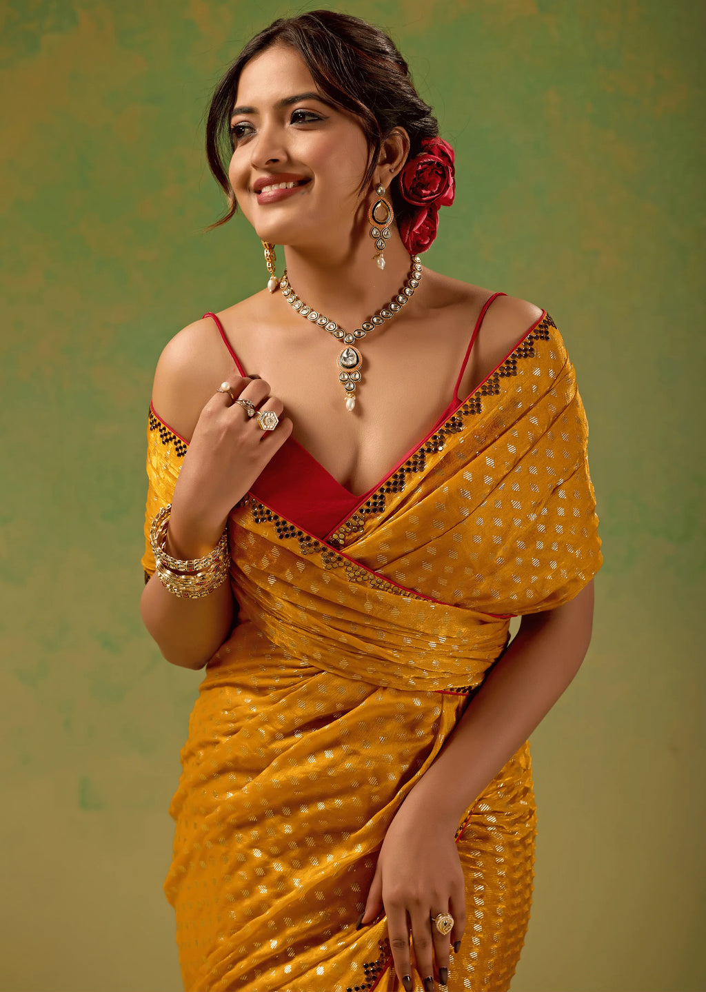Mustard Yellow Tissue Silk Saree Pallu Detail - Traditional Wear Saree