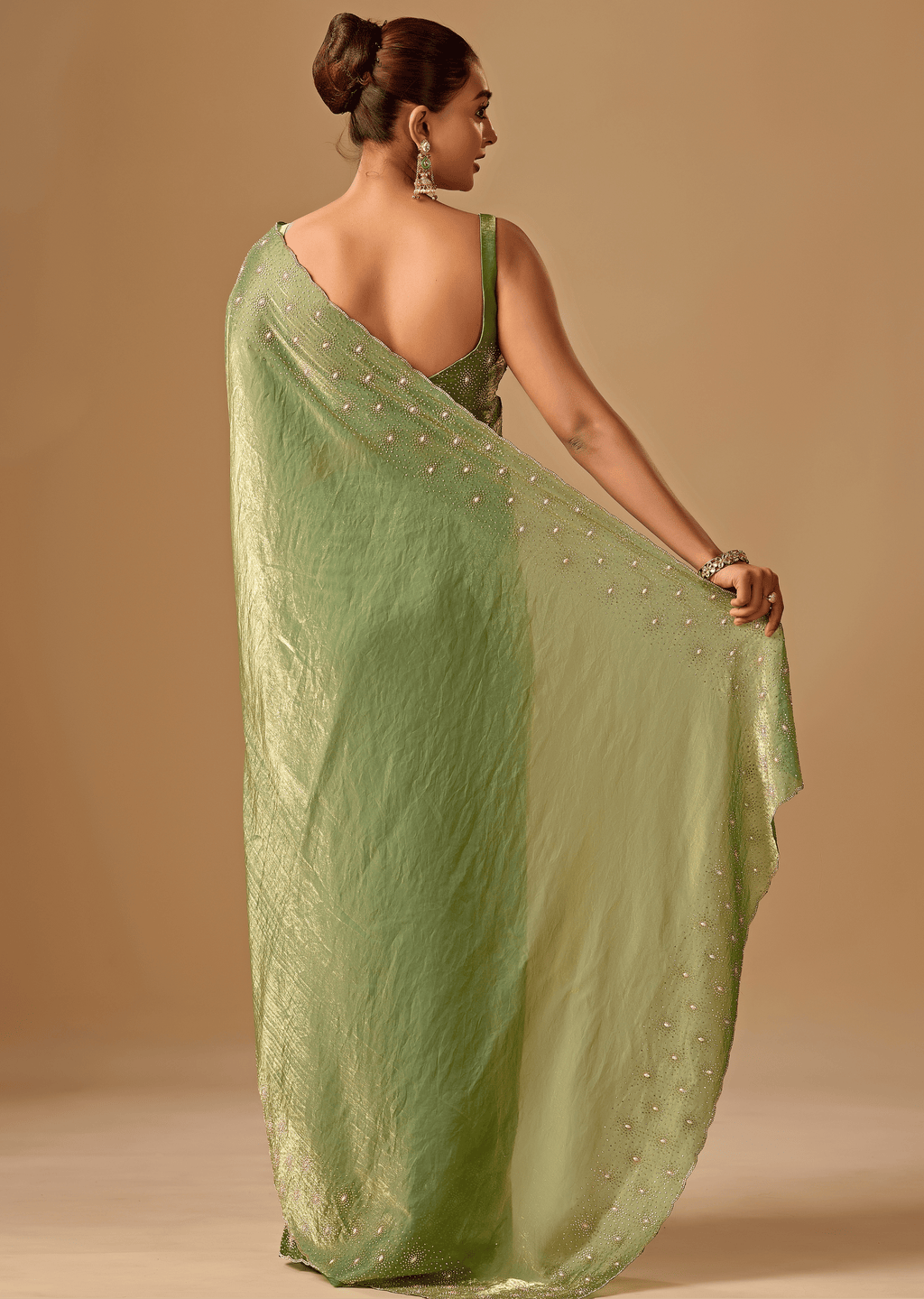 Olive Green Tissue Silk Saree With Stone Embroidery