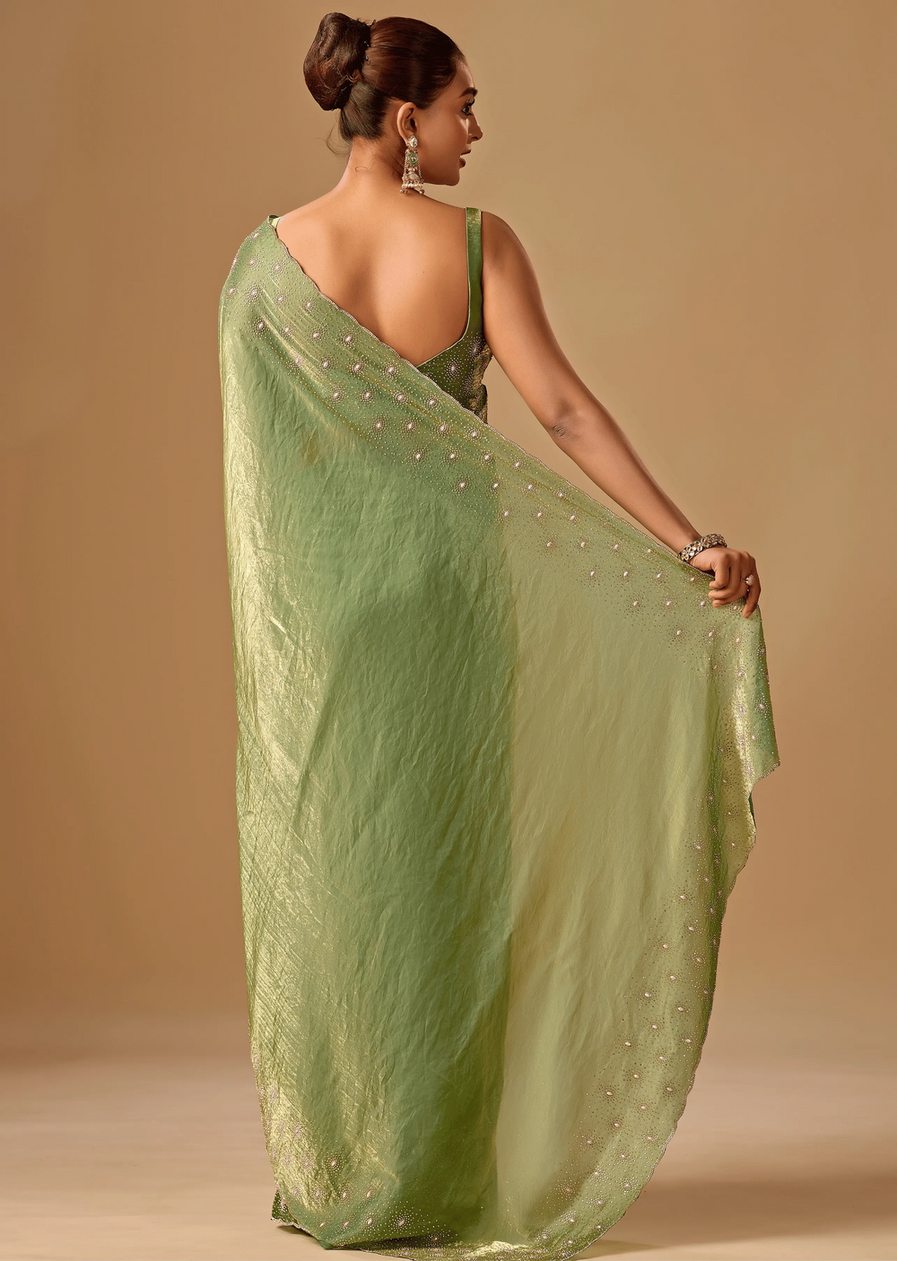 Olive Green Tissue Silk Saree Back Pose - Stone Embroidery Detail