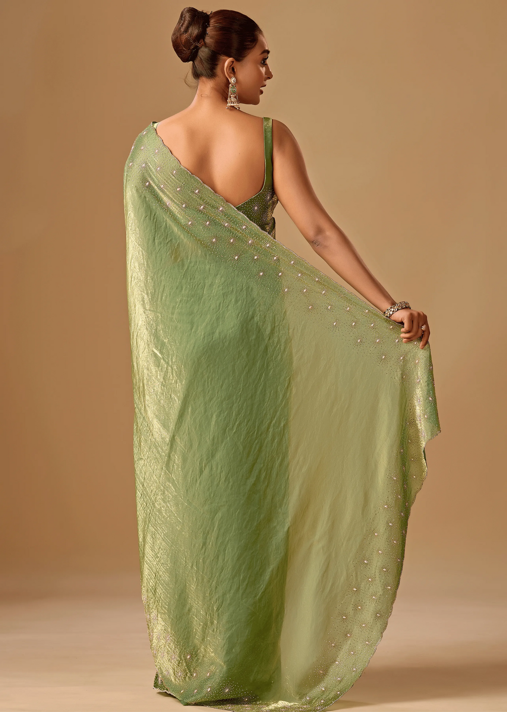 Olive Green Tissue Silk Saree Back Pose - Stone Embroidery Detail