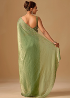 Olive Green Tissue Silk Saree Back Pose - Stone Embroidery Detail