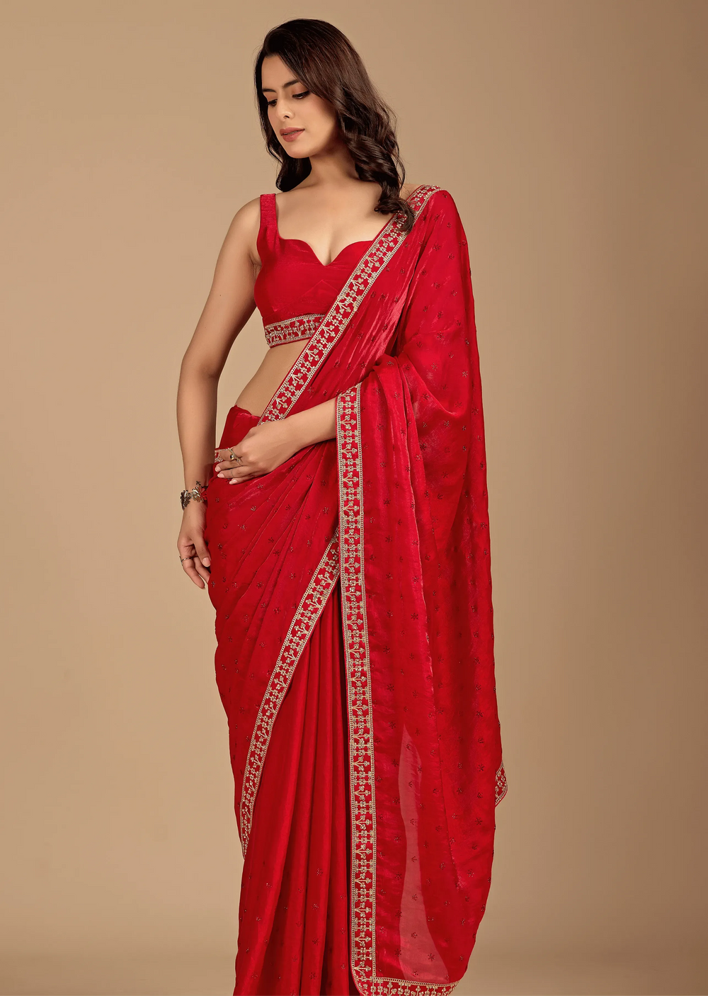 Crimson Red Tissue Silk Saree With Zari Embroidery - Front Look | Buy Online Ethnic9