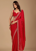 Crimson Red Tissue Silk Saree With Zari Embroidery - Front Look | Buy Online Ethnic9