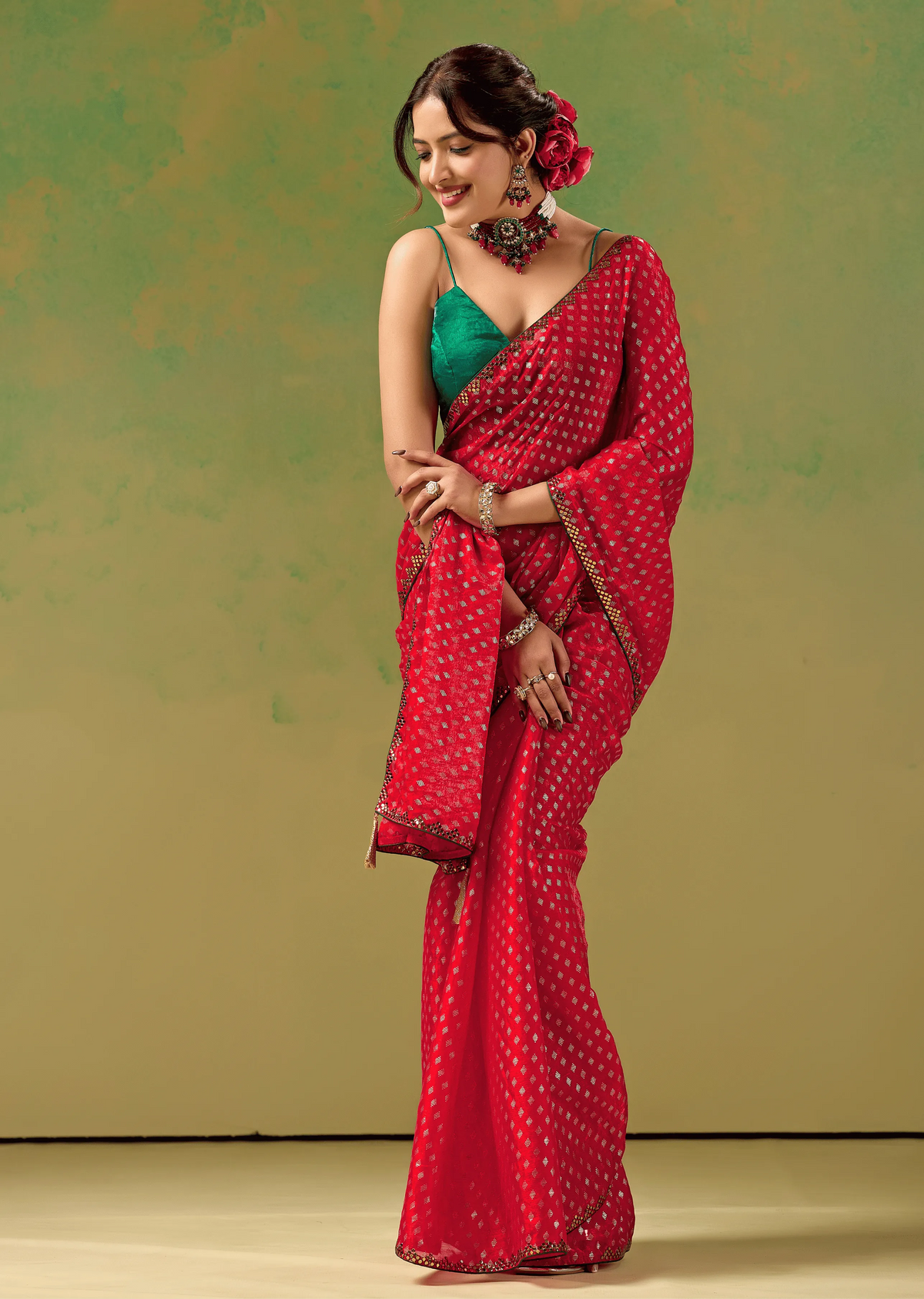 Rani Red Tissue Silk Saree Blouse Close Up - Embellished Border Detail