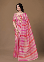 Pink Organza Saree With Striped Print