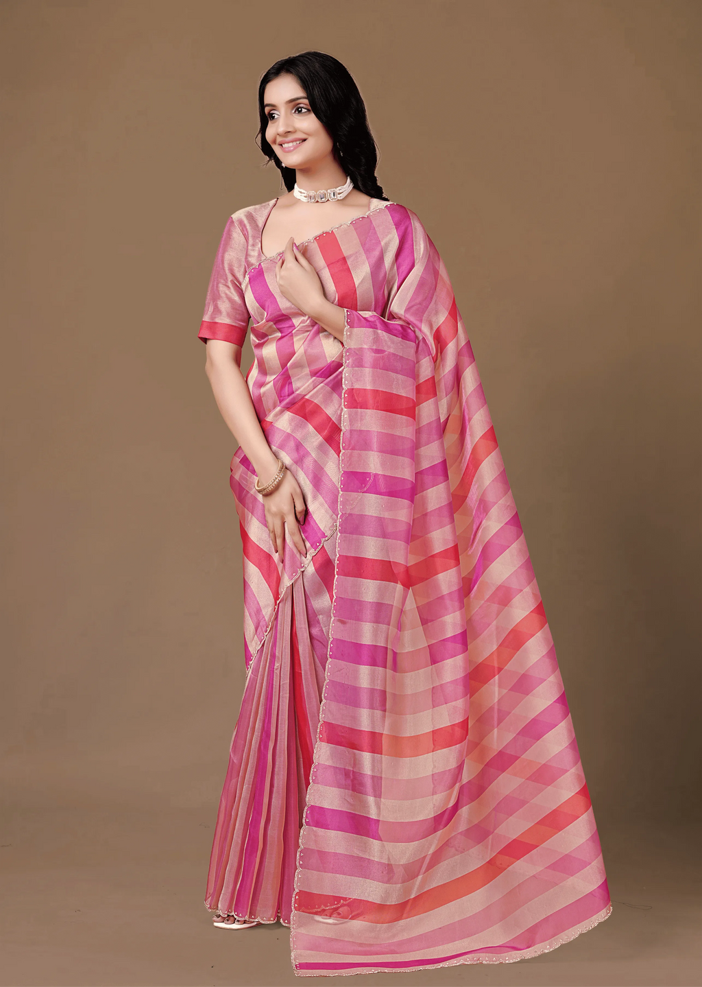 Pink Organza Saree Draped Look - Striped Print Design
