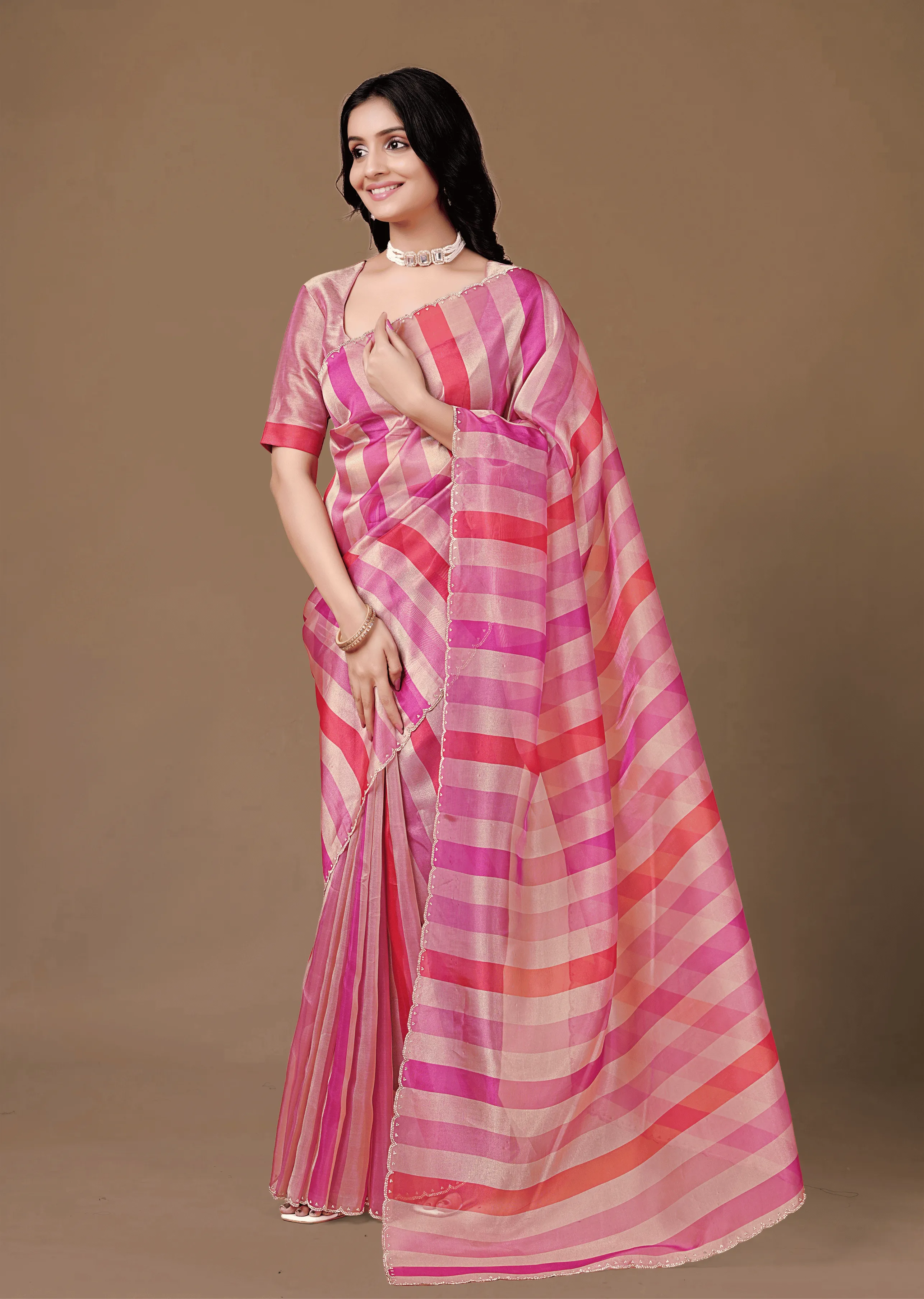 Pink Organza Saree Draped Look - Striped Print Design