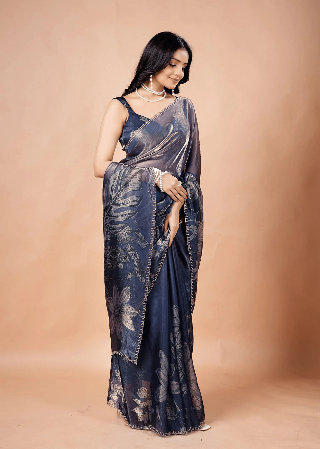 Steel Blue Organza Silk Saree With Foil Floral Print