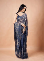 Steel Blue Organza Silk Saree With Foil Floral Print