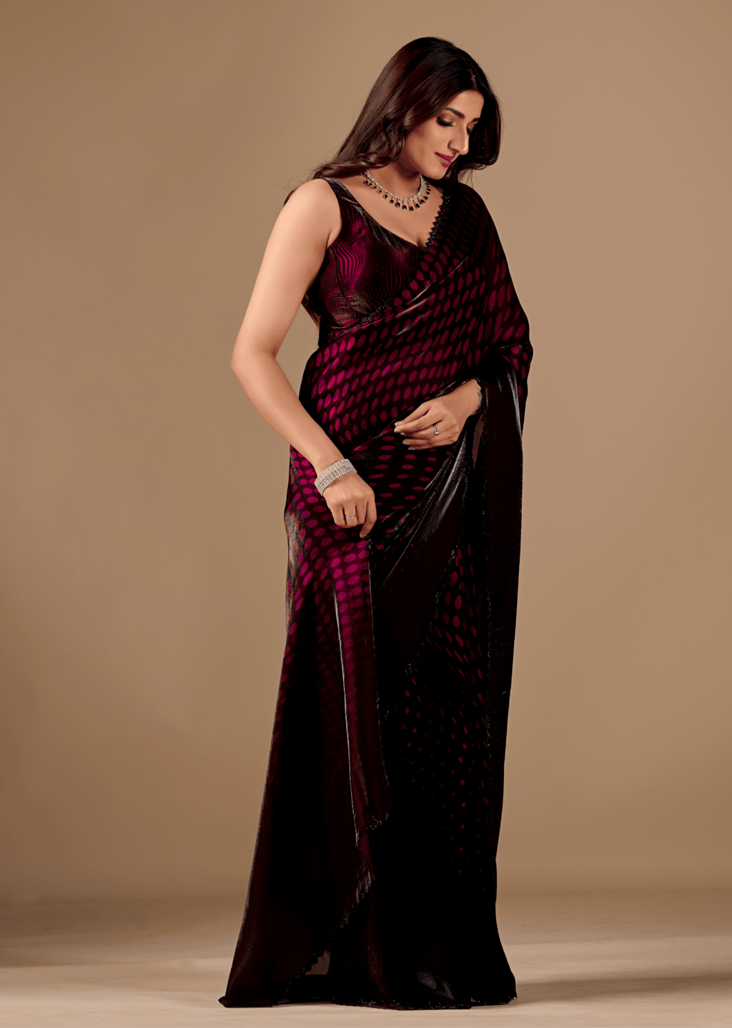 Wine Purple Organza Silk Saree With Stone Work Border
