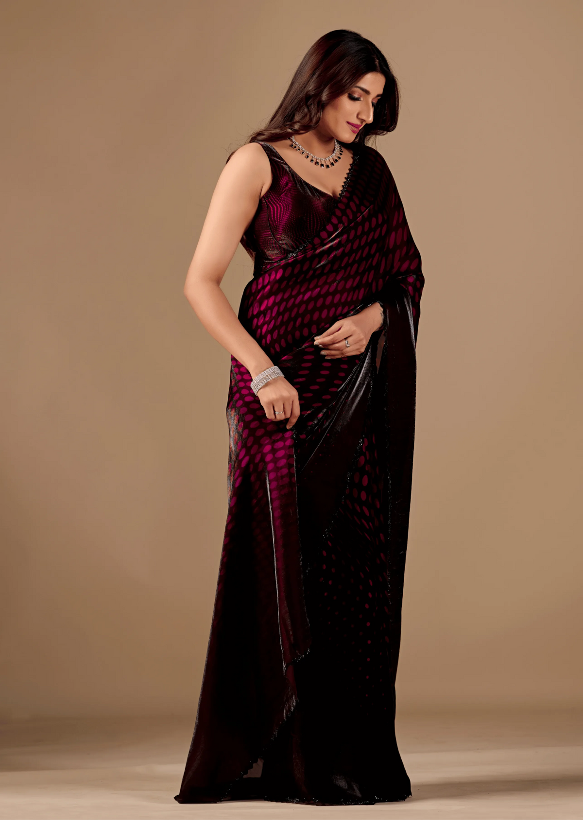  Wine Purple Organza Silk Saree Draped Look - Polka Dot Print Design