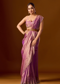 Purple Tissue Silk Saree With Stone Work - Front Look | Buy On Ethnic9
