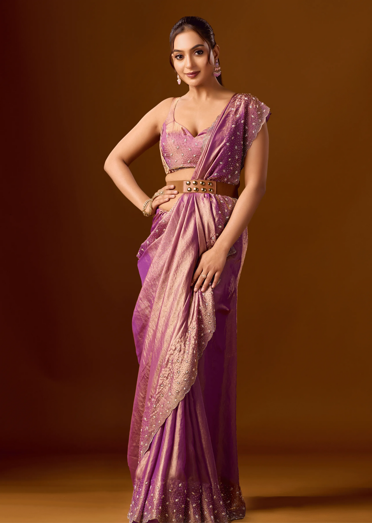 Purple Tissue Silk Saree With Stone Work - Front Look | Buy On Ethnic9
