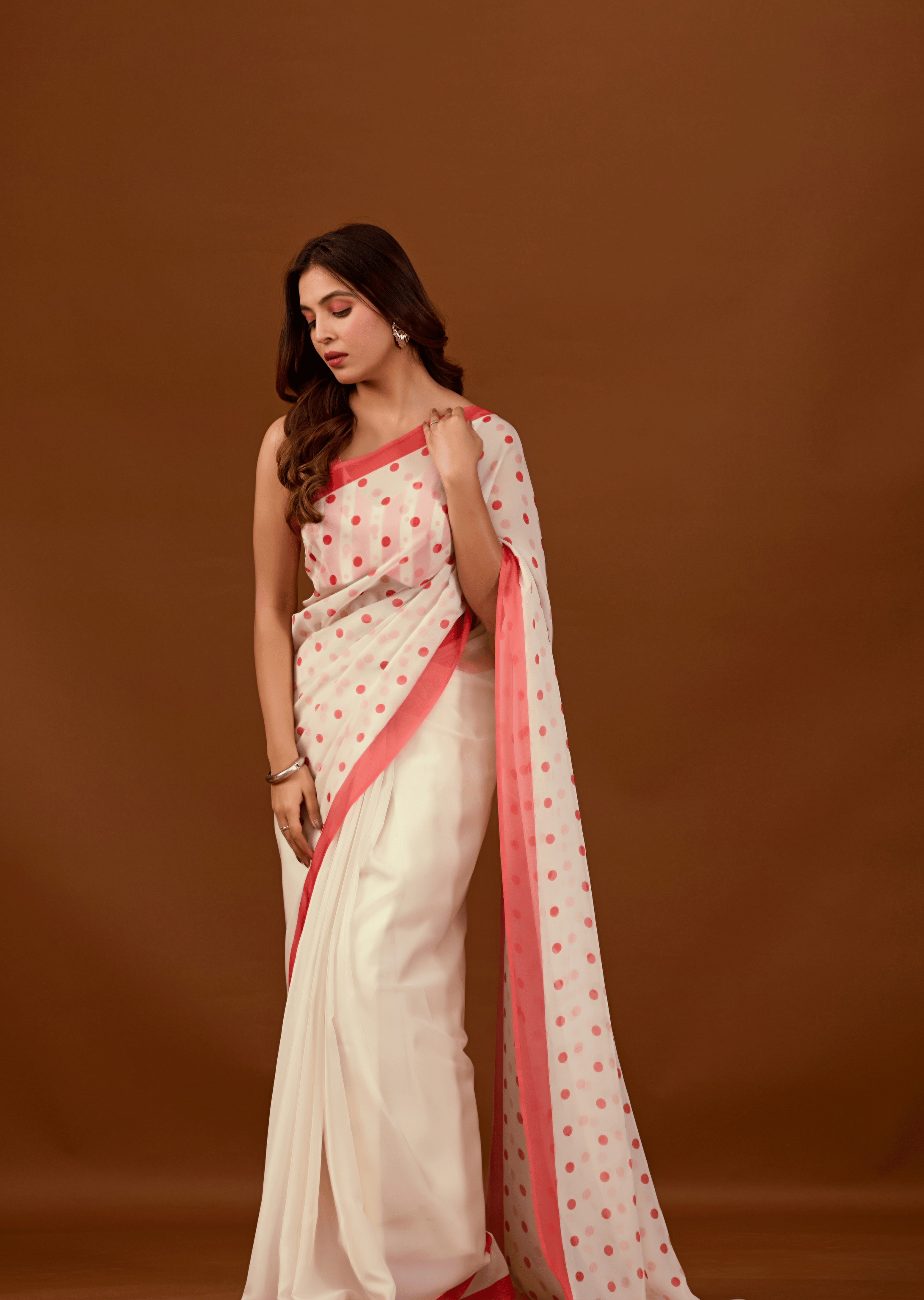 White Soft Organza Saree With Polka Dot Print