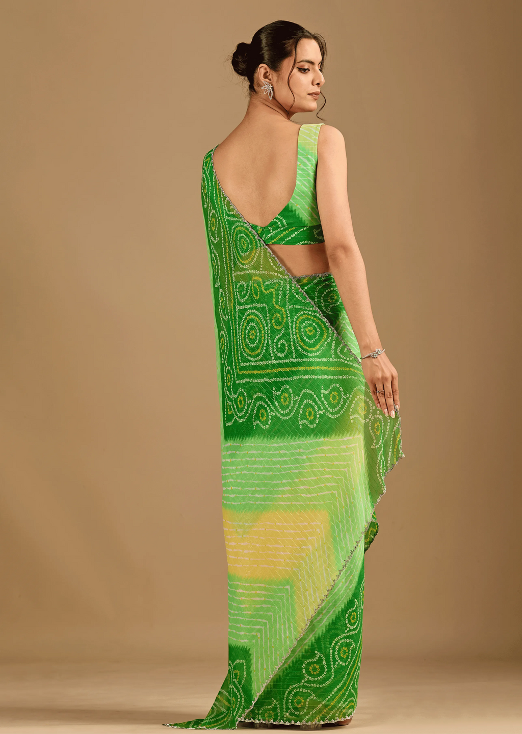 Parrot Green Chiffon Saree Back Pose - Bandhani Print Detail