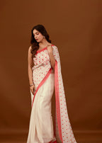 White Soft Organza Saree With Polka Dot Print
