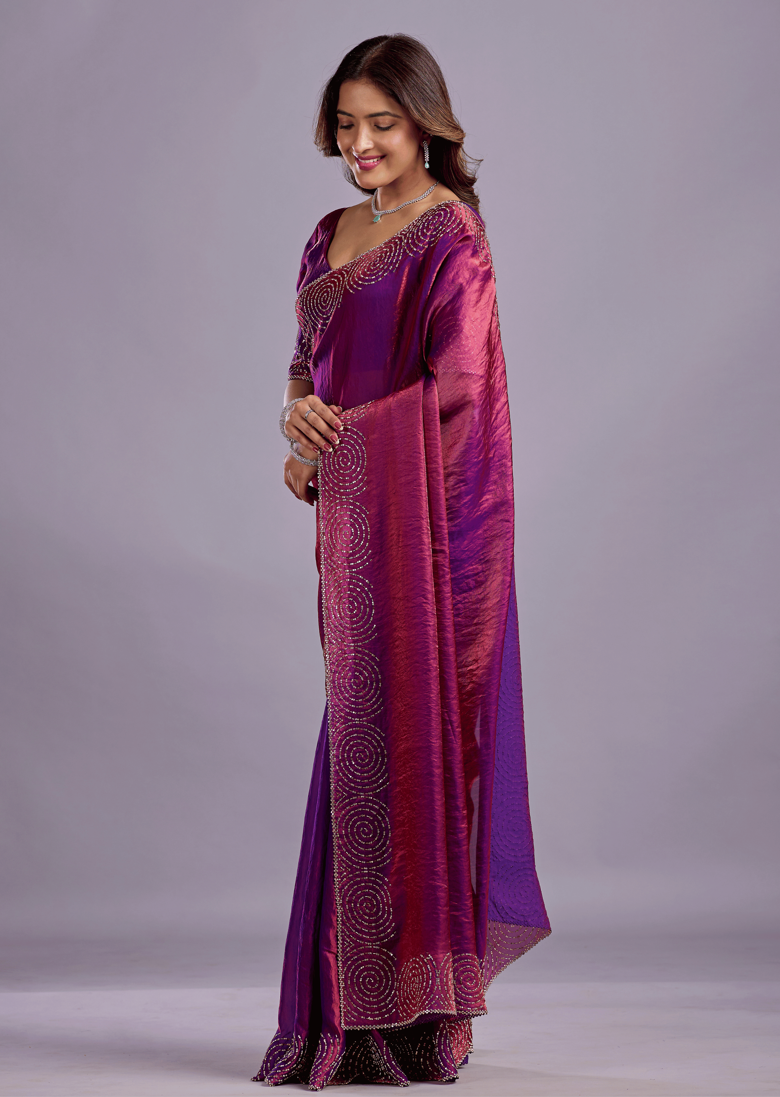 Magenta Tissue Silk Saree With Crystal Spiral Work
