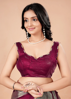 Wine Tissue Silk Saree With Metallic Stripe Work - Photo 4 | Buy Online Ethnic9