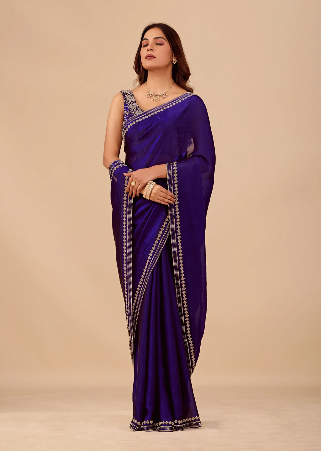 Midnight Blue Tissue Silk Saree With Crystal Border Work