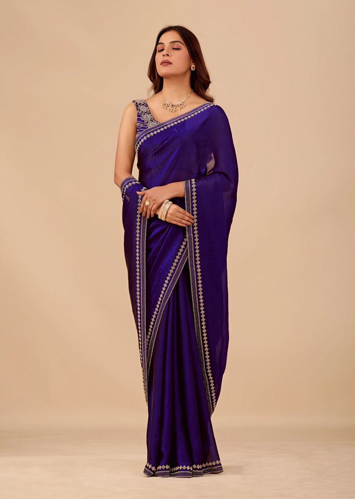Midnight Blue Tissue Silk Saree With Crystal Border Work